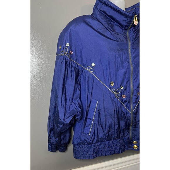 Vintage John Weitz Jacket Womens 2X Blue Embellished Crinkle Bomber Zip 80s 90s - Picture 2 of 10